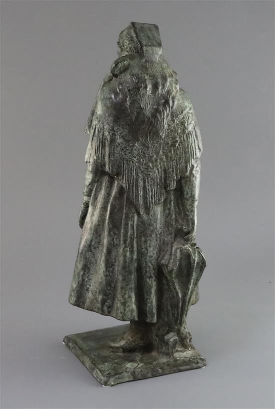 Louis Henri Nicot (1878-1944). A bronze figure of a Flemish woman holding an umbrella, 16in.